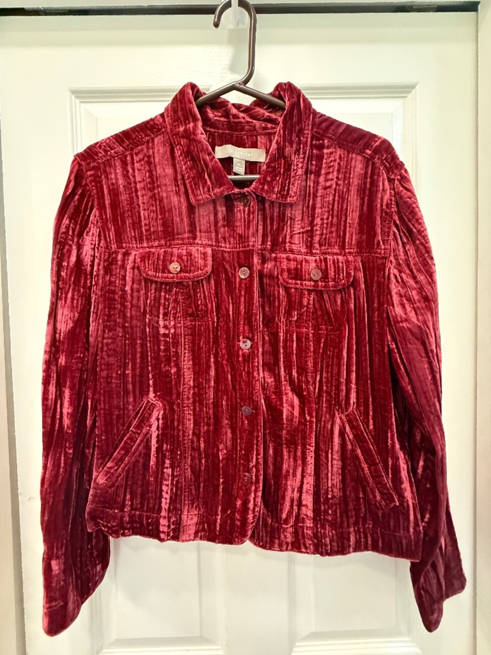 Crushed velvet Croft & Barrow shirt jacket top red pockets XL